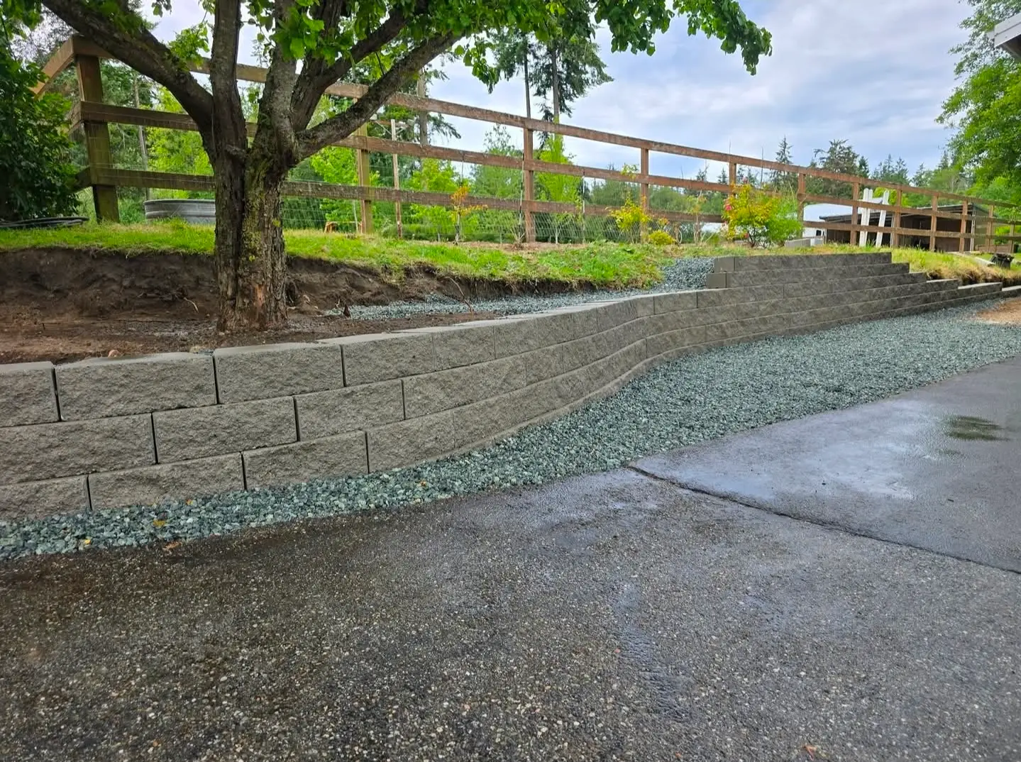 Block retaining wall with drainage rock backfill beside a driveway