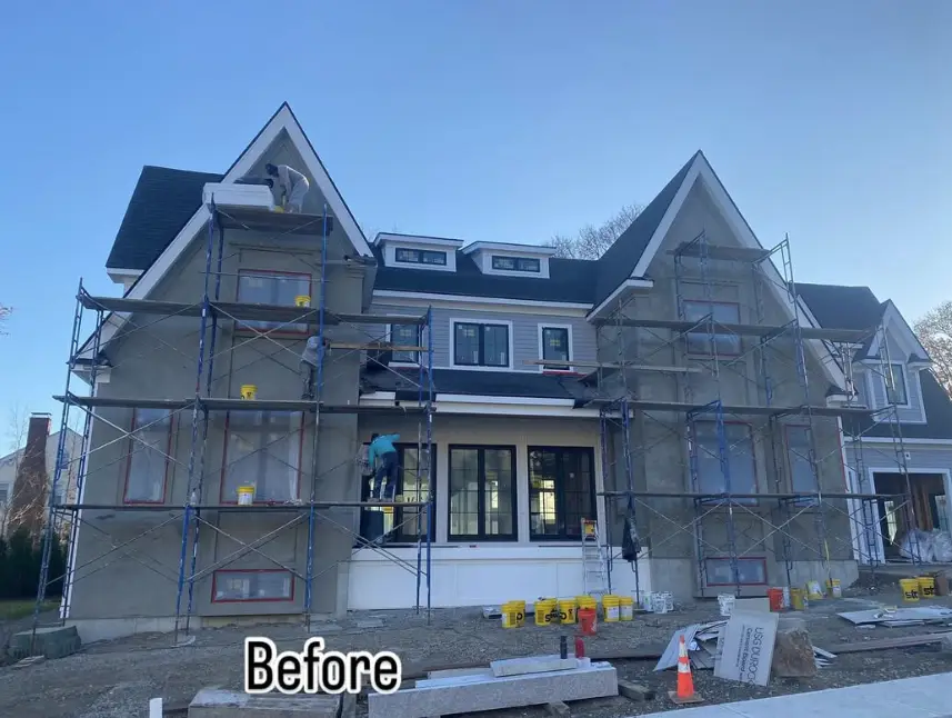 Before hardcoat stucco exterior work with scaffolding set up